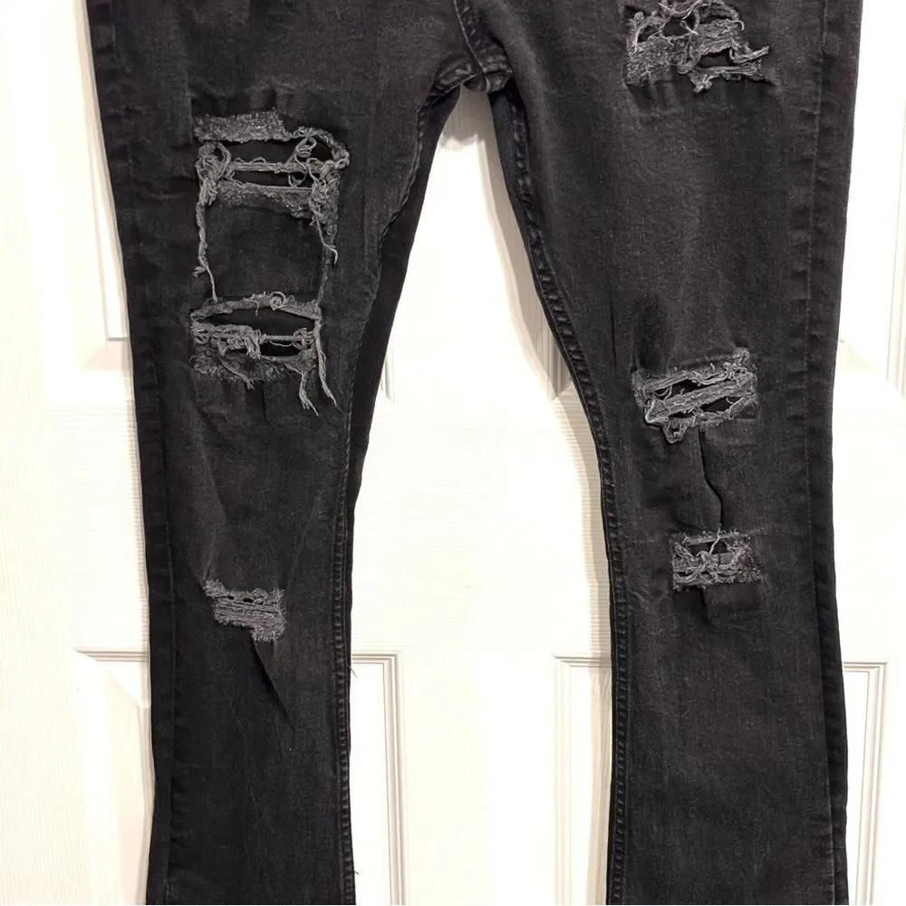 Boohoo MAN | Men’s Stacked Long Black Distressed Dark Wash Denim Jeans 31 x 36
